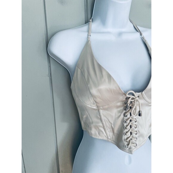 Superdown Revolve Corset Top S Small Cropped Satin Lace-Up Beige - Picture 4 of 5